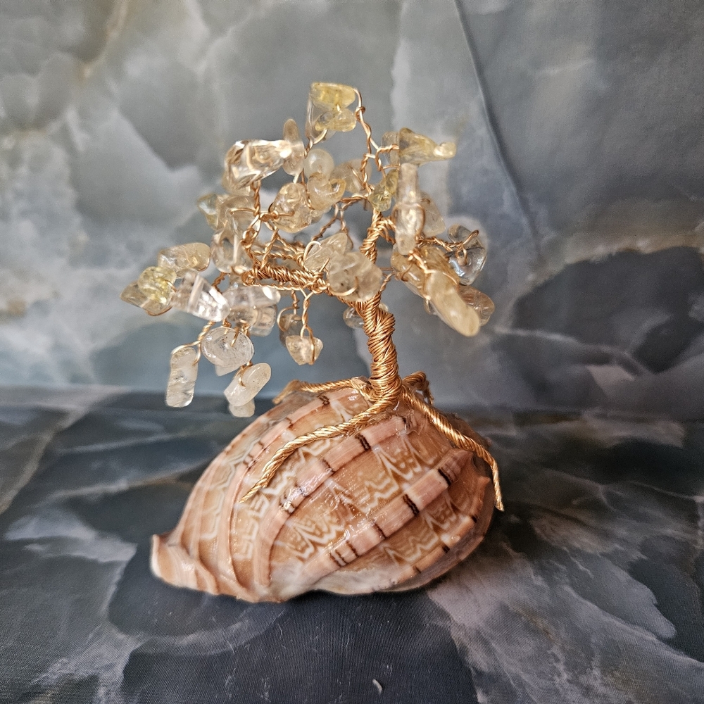 Handcrafted Gold Wire Citrine Gem Tree Of Life on Natural Shell